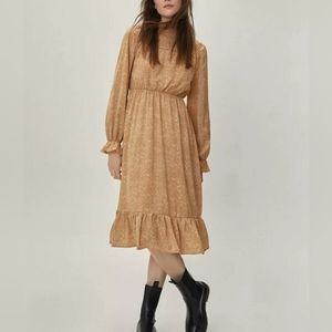 Nasty Gal Womens 12 Leaf Print High Neck Midi Dress Prairie Boho Tan Ruffle Neck